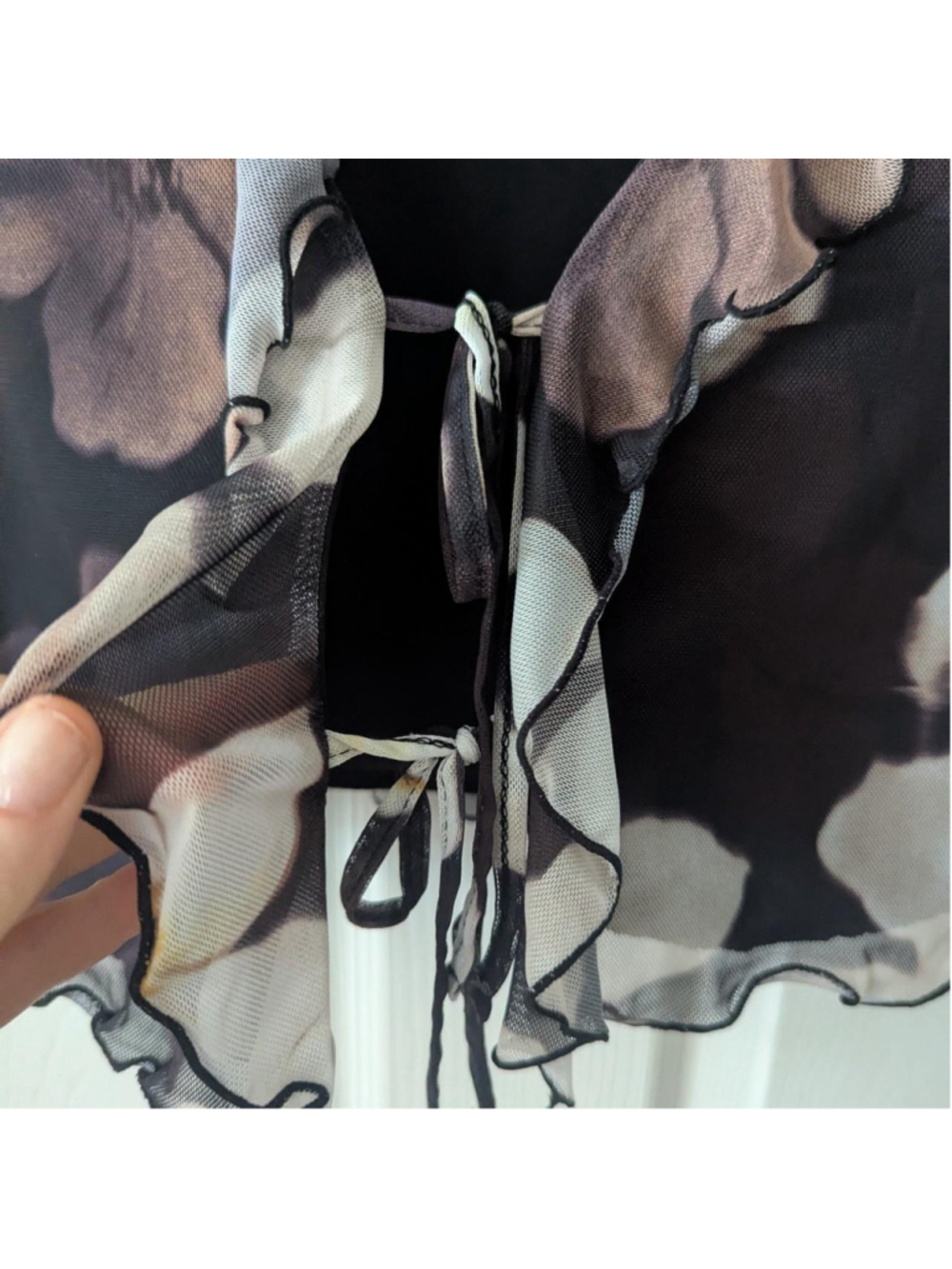 Ardene Black Floral Y2K Sheer Blouse Ruffle Tie Front - Picture 8 of 10